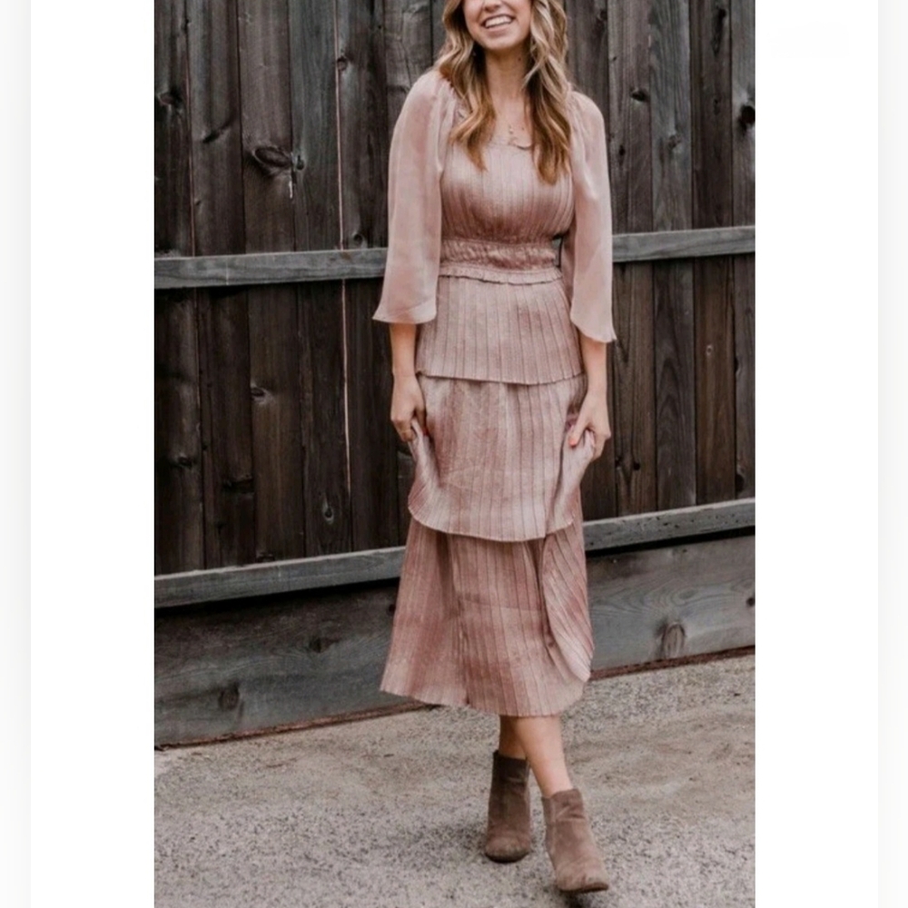 Current Air Dusty Rose Pleated Layered Midi Dress